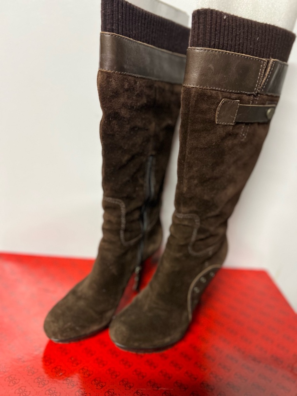 Guess Dark Brown Suede Over-the-Knee Boots with Knit Cuff
